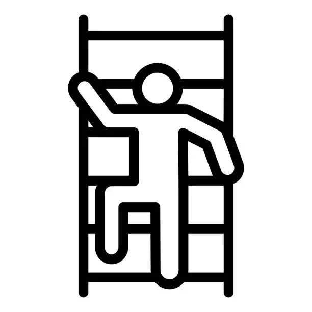 Vector illustration of Fireman scaling ladder line icon. Man on the stairs fire escape outline style pictogram on white background. Pompier ladder signs mobile concept web design. Vector graphics.