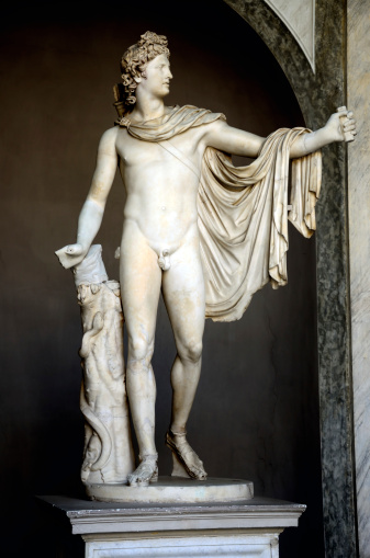 The Apollo Belvedere or Apollo of the Belvedere is Roman copy of Hadrianic date (ca. 120-140) of a lost bronze original made by the Greek sculptor Leochares. Belvedere courtyard, Museo Pio-Clementino, Vatican