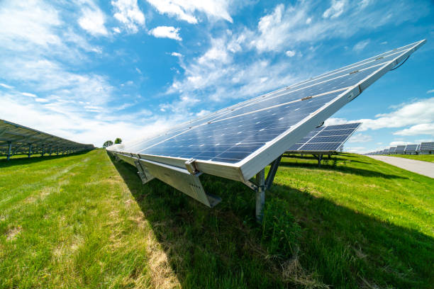 Wide view into large solar panels at farm and bright summer day. Solar cell power plant innovation and technology to reducing carbon footprint and environmental impact. stock photo
