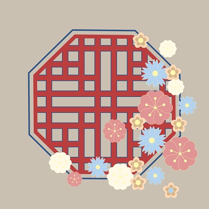 Chinese traditional window in flowers. Hand-drawing of a Chinese window with traditional elements on the background. Vector. Illustration for a card, poster, banner, label, print.