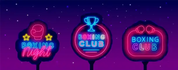Vector illustration of Boxing club neon label street billboard. Night sport. Cup, boxing gloves. Glowing advertising. Vector illustration