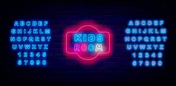 Vector illustration of Kids room neon label. Fun and play. Handwritten inscription. Play zone. Shiny turquoise alphabet. Vector illustration