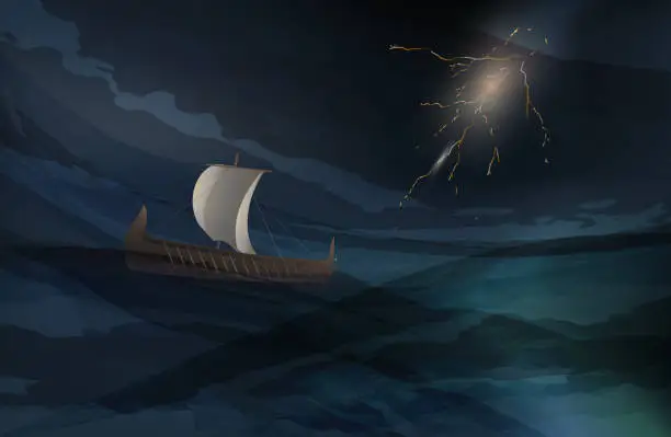 Vector illustration of Old ship in the storm. Thunder and storm at the sea.