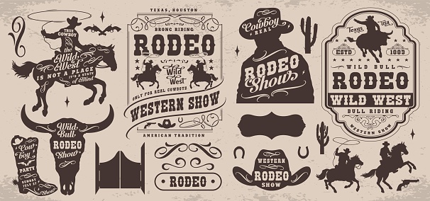 Rodeo show monochrome set emblems with silhouettes cowboys and riders using lasso near promo posters for western festival vector illustration