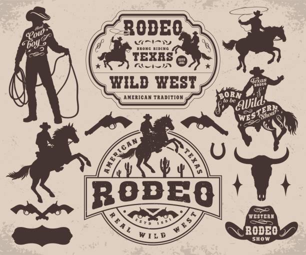 Wild west set stickers monochrome with cowboys and revolvers or horses near logos for rodeo festival vector illustration