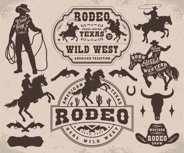 Vector illustration of Wild west set stickers monochrome