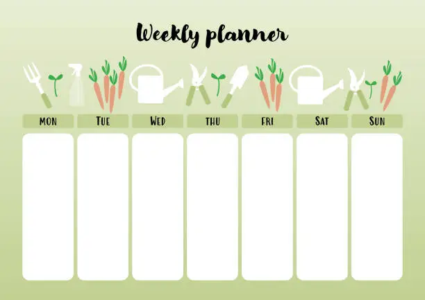 Vector illustration of Weekly planner with gardening theme.