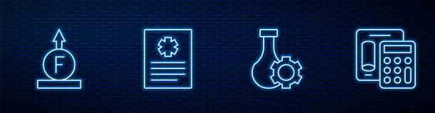 istock Set line Test tube, Force of physic formula, Patient record and Calculator. Glowing neon icon on brick wall. Vector 1585739798