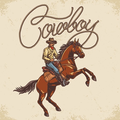Cowboy man colorful vintage sticker with bipedal horse and rider in wild west hat and clothes vector illustration