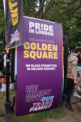 The trans and intersex-inclusive Pride flags fly on London streets. Pride in London 2023 stock photo. The Pride in London Parade stock photo which took place on Saturday, 1st July 2023 in London, England. Pride in London is a Community Interest Company, solely run by volunteers in England. Captured by London-based photojournalist and photographer Can Aksoy.