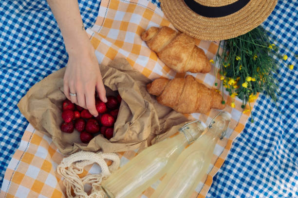 istock Enjoying a picnic: croissants, strawberries, lemonade on checkered blanket 1585789319
