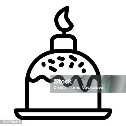 istock Easter cake on plate with candle line icon. Traditional paschal dessert with sprinkles outline style pictogram on white background. Easter bakery mobile concept web design. Vector graphics. 1585790378