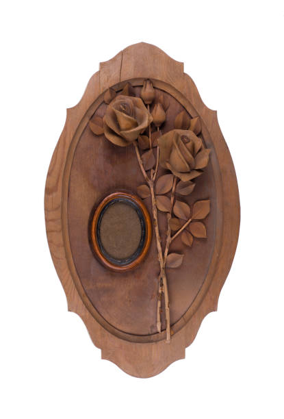 istock wooden frame with wooden roses isolated on white background 1585802128
