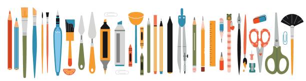 ilustrações de stock, clip art, desenhos animados e ícones de big set with stationery and painting tools elements, cartoon style. art supplies: brushes, pencil and markers. trendy modern vector illustration isolated on white, hand drawn, flat design - education childhood school drawing compass