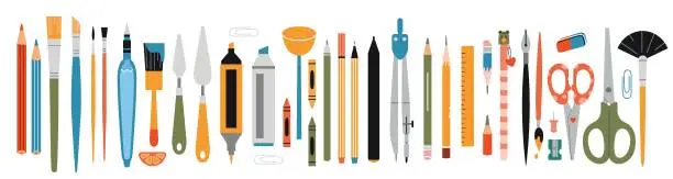 Vector illustration of Big set with stationery and painting tools elements, cartoon style. Art supplies: brushes, pencil and markers. Trendy modern vector illustration isolated on white, hand drawn, flat design