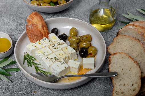 Feta cheese, olives and ciabatta