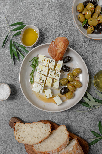 Feta cheese, olives and ciabatta