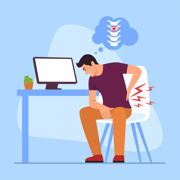 Vector illustration of Vector illustration of a boy suffering from back pain. Cartoon scene with a guy working at a computer in the office and his back hurts from sitting at the desk isolated on a blue background.