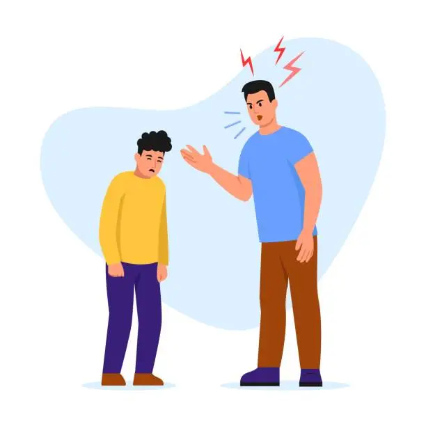 Vector illustration of Vector illustration of an angry father yelling at his son. Cartoon scene with a father arguing and gesturing to his upset son isolated on white background. Relationships between parents and children.