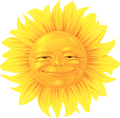 Vector illustration of a sunflower with a face like a shining, smiling, happy sun. Includes AI-EPS, Print-PDF, PNG with transparent background and high res JPG (30 cm wide, 300 dpi).