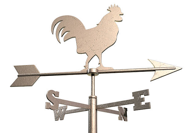 A copper rooster weather vane against cirrus clouds.