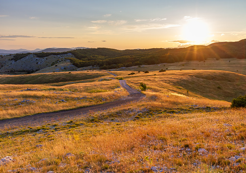 Gravel road in between mountain fields