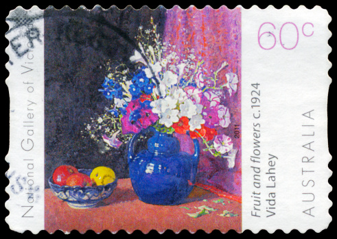 A Stamp printed in AUSTRALIA shows the Fruit and Flowers (1924), by Vida Lahey (1882-1968), NGV Flowers series, circa 2011