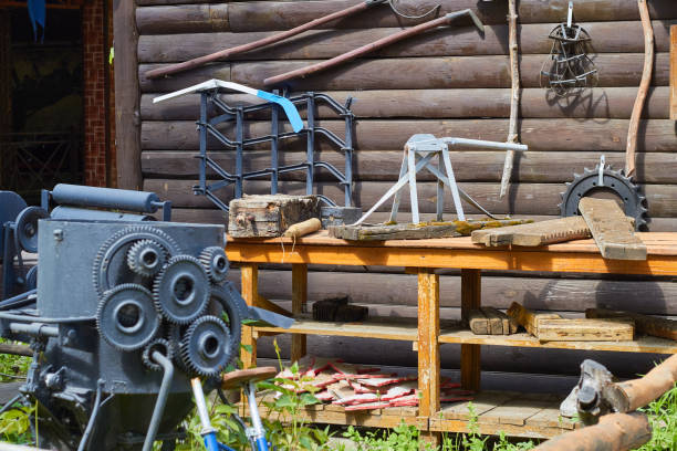 istock looms and old crafts. Metal and wood. Different surfaces and textures. Master's desktop. 1585881746