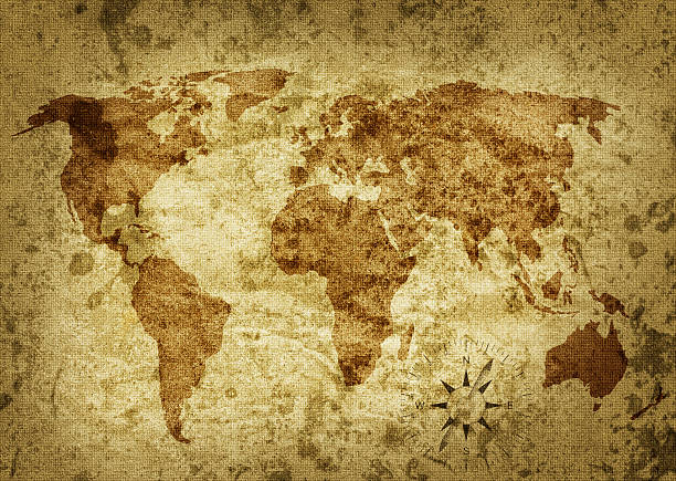 istock A worn, sepia toned world map covered in stains 158588717
