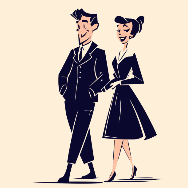 Ilustración retro de dibujos animados de una elegante pareja caminando - ilustración de arte vectorial