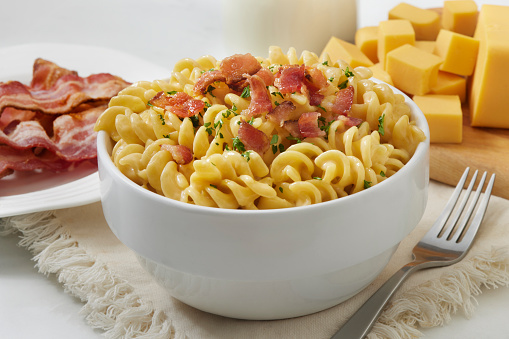 Velvety Mac and Cheese with Crispy Bacon. Made with Processed Cheese and Cream