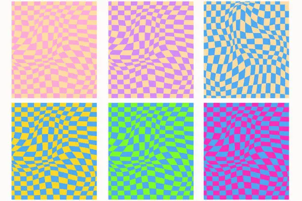 Vector illustration of Groovy grid. Wavy psychedelic background, 70s swirl texture and trippy grids vector set