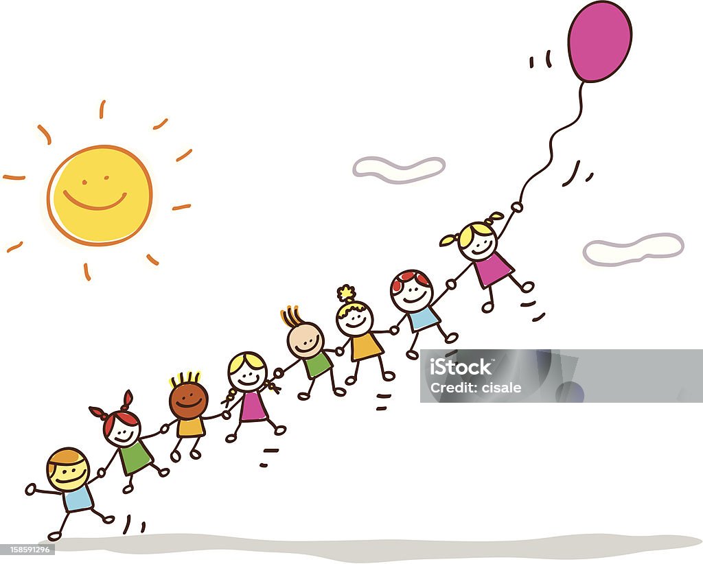happy summer kids flying with balloon cartoon illustration ALL KINDS OF MIXED CHILDREN(sort by age to see similar cartoons together) Child stock vector