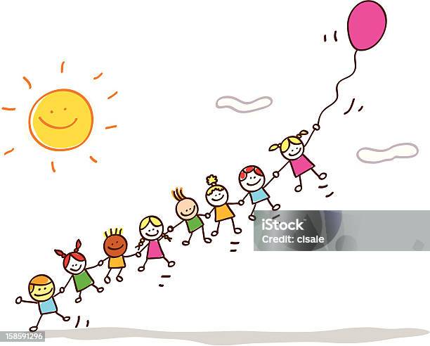 Happy Summer Kids Flying With Balloon Cartoon Illustration Stock Illustration - Download Image Now