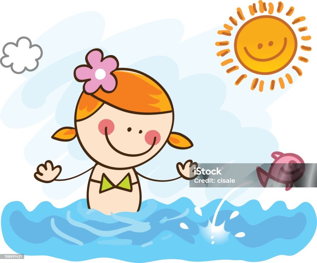 happy Sommer Urlaub Mädchen Schwimmen im Meer cartoon illustration - Lizenzfrei Badebekleidung Vektorgrafik