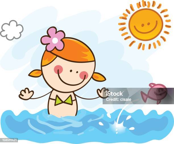 Happy Sommer Urlaub Mädchen Schwimmen Im Meer Cartoon Illustration Stock Vektor Art und mehr Bilder von Badebekleidung