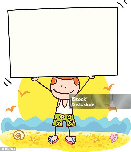 Summer Holiday Beach Man With Banner Cartoon Illustration Stock Illustration - Download Image Now