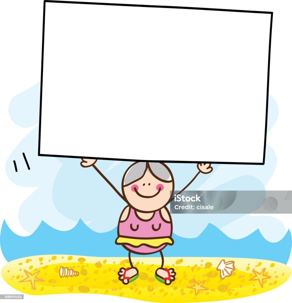 Vacanze estive spiaggia vecchia donna con banner illustrazione fumetto - arte vettoriale royalty-free di Adulto