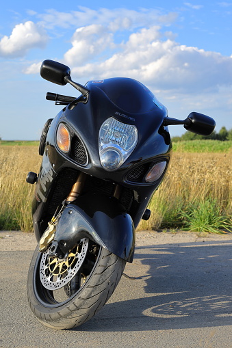 Tworog, Silesia, Poland- July 27, 2023 -  Suzuki Hayabusa GSX1300R first generation,  model 2007. Black sport motorcycle known as the fastest production motorcycle with a top speed of 312 km h