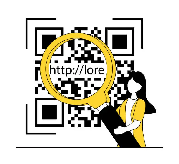 Vector illustration of QR code. A woman points a magnifying glass at a qr code and sees a link to a website