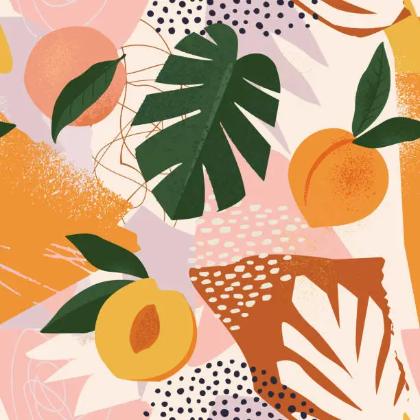 Vector illustration of Collage contemporary pearch, leaves and polka dot shapes seamless pattern.