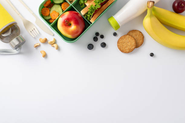 istock An inviting and nutritious school break arrangement displayed from a bird's eye top view. A lunchbox containing delicious sandwiches set against a white backdrop with space for text or advertising 1585982179