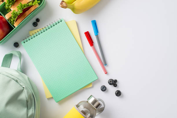 Nutritious school lunch concept in top-down view with scrumptious sandwiches and fresh fruits, with notepad and pens, backpack on a white isolated background, perfect for incorporating text or adverts