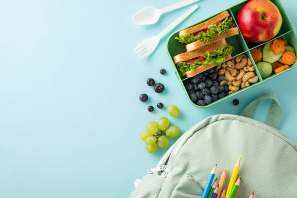 istock A tempting and wholesome school lunch setup displayed from top perspective. Lunchbox with delicious sandwiches and student's rucksack on a blue isolated surface, allowing space for text or promotions 1585989148