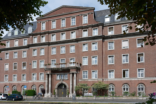 Cologne, Germany August 01 2023: St. Vincenz-Haus senior citizens' residential and nursing home in the former Rheinbraun administration building on the banks of the rhine in cologne