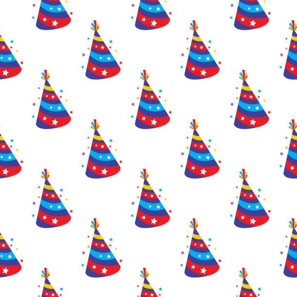 ilustrações de stock, clip art, desenhos animados e ícones de colorful party hats seamless pattern - party hat birthday confetti streamer