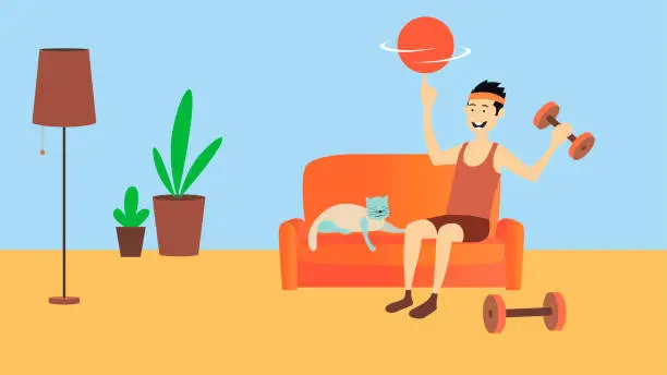 Vector illustration of Man doing sports while sitting on his sofa