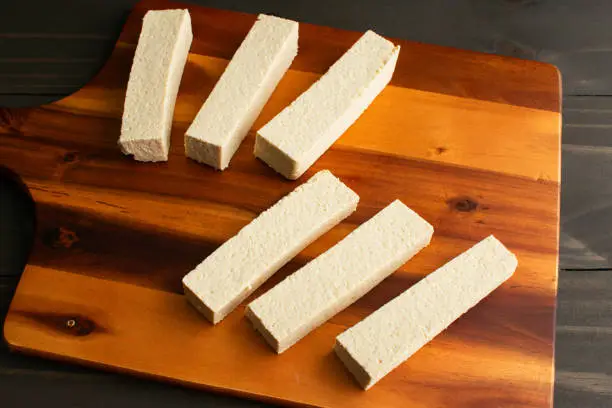 Pressed and sliced long rectangular pieces of bean curd