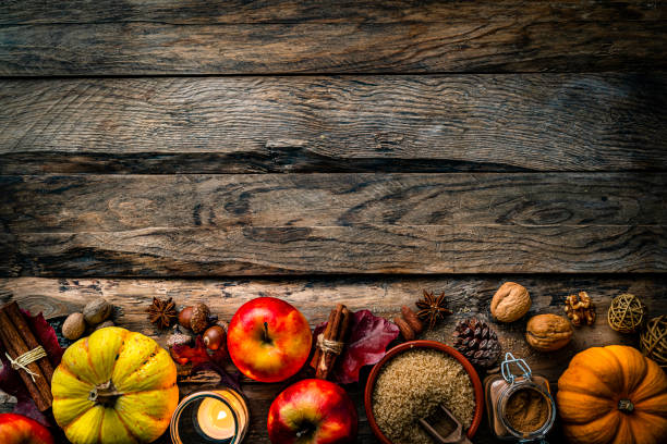 istock Autumn or Thanksgiving decoration border on rustic wood table. Copy space 1586061618