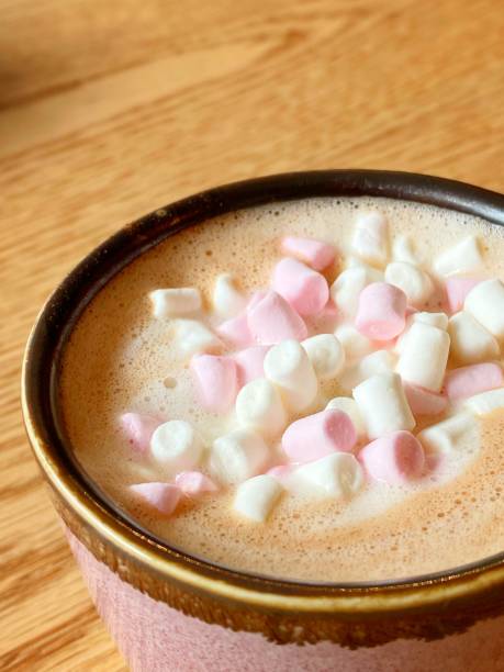 Closeup of delicious hot chocolate with mini marshmallows stock photo